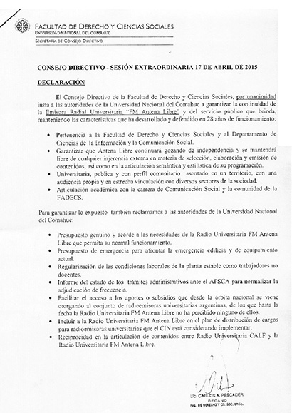 AVAL DEL CONSEJO DIRECTIVO DE LA FADECS A LA CONTINUIDAD DE LA EMISORA RADIAL ANTENA LIBRE